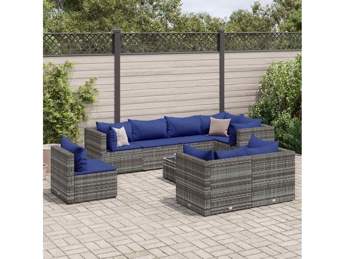Vidaxl 9 Pcs Conjunto Lounge De Jardim C/ Almofadões Vime Pe Cinzento