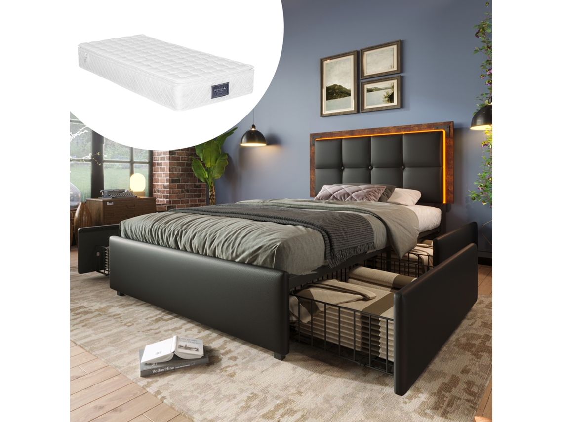 Cama Solteiro 90x200 Led 4 Gavetas Pu Preto Cabeceira Ajustável Colchão Incluído