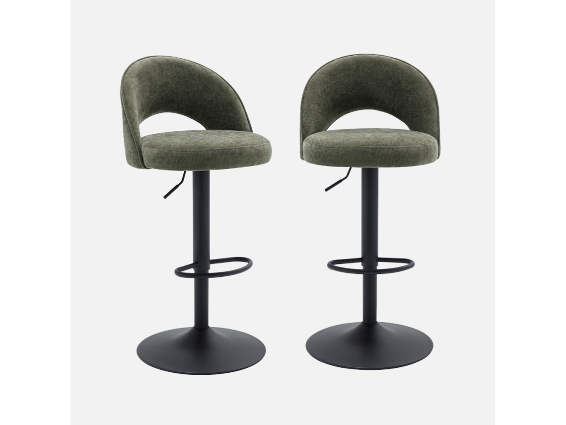 Banco De Bar Ajustável Metal E Tecido Com Base Preta, Set De 2, Verde Caqui Sweeek
