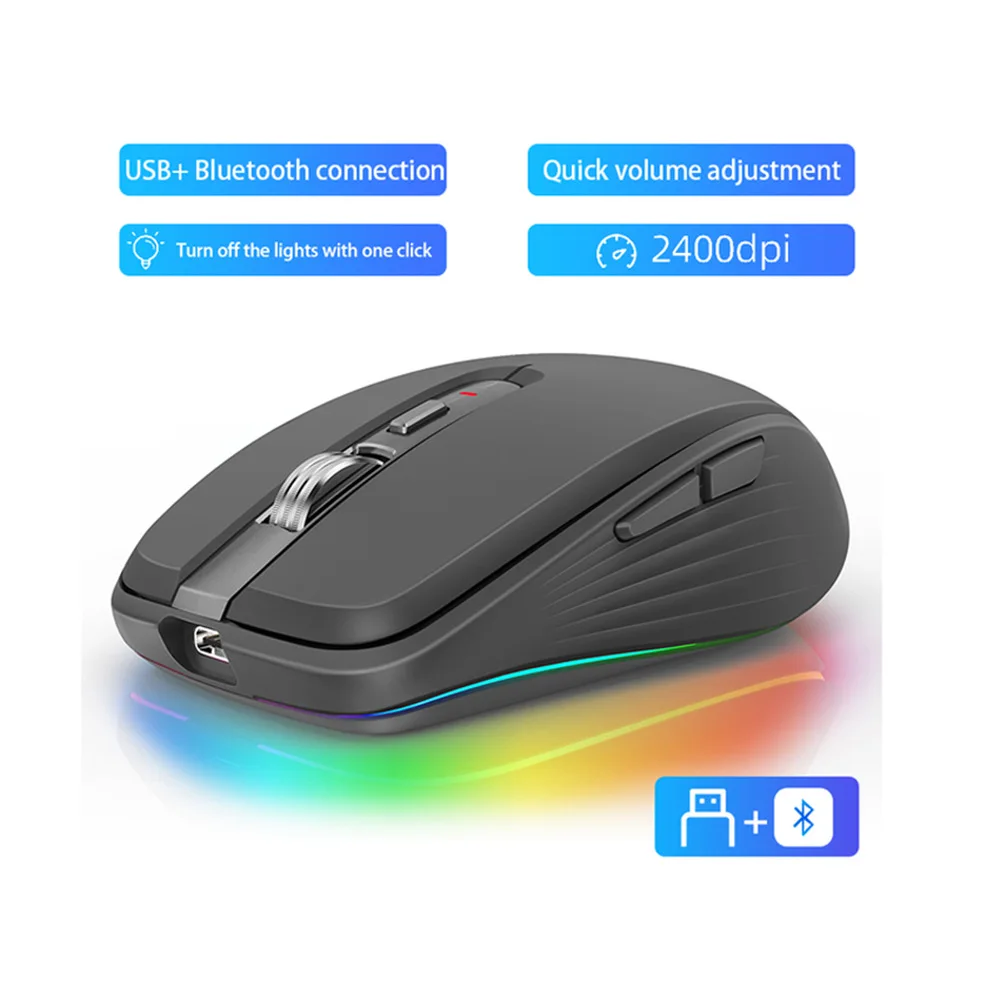 Mouse Sem Fio (preto) Com 6 Botões, Bluetooth 5.1 De 2,4 Ghz, Recarregável, Silencioso E Com 2400 Dpi.