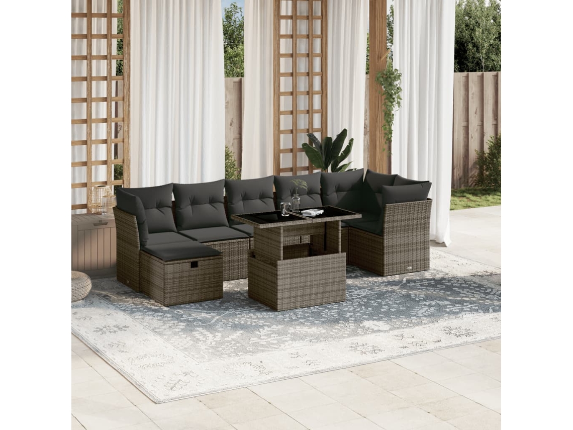 Vidaxl 8 Pcs Conjunto Sofás De Jardim C/ Almofadões Vime Pe Cinzento