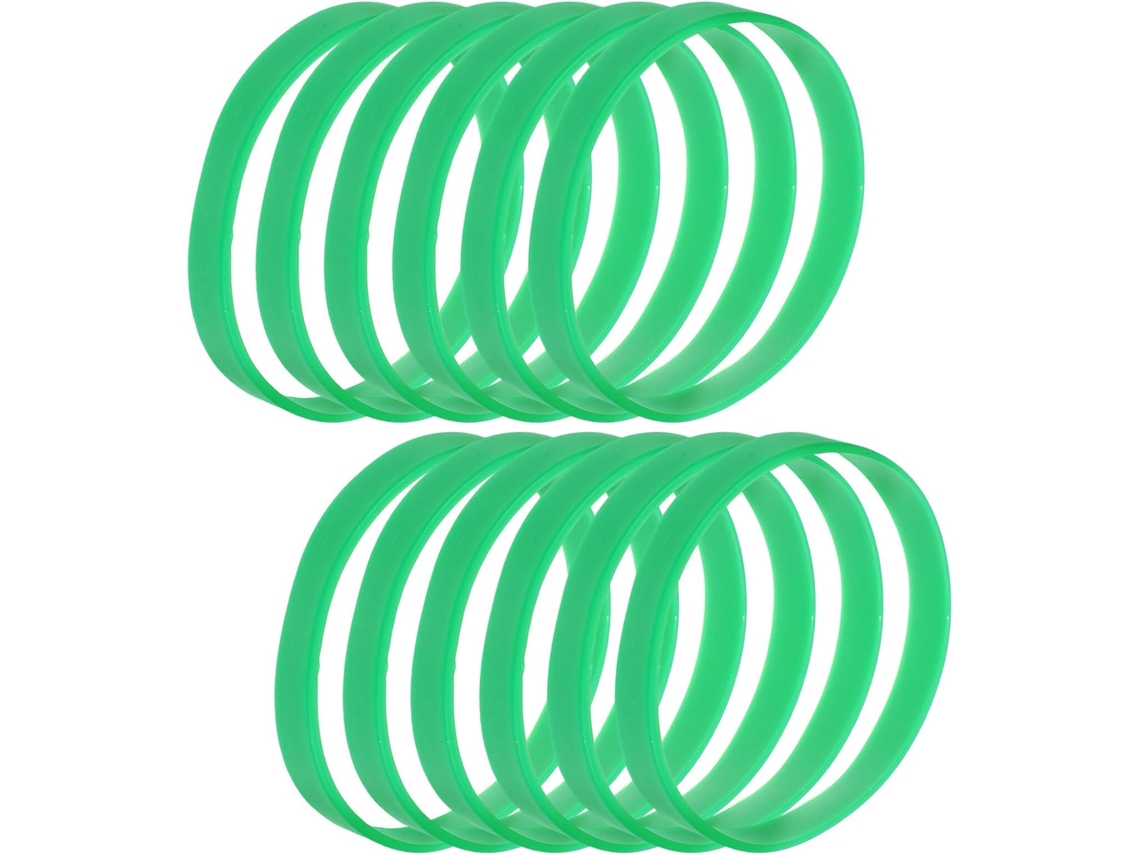 Conjunto de 100 pulseiras esportivas de silicone verde, ajustáveis e elásticas, ideais para atividades esportivas e festivais.