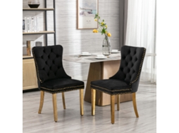 Juego de 2 sillas de comedor tapizadas en terciopelo con patas de acero inoxidable dorado y detalles de tachuelas. Color: Negro y dorado.