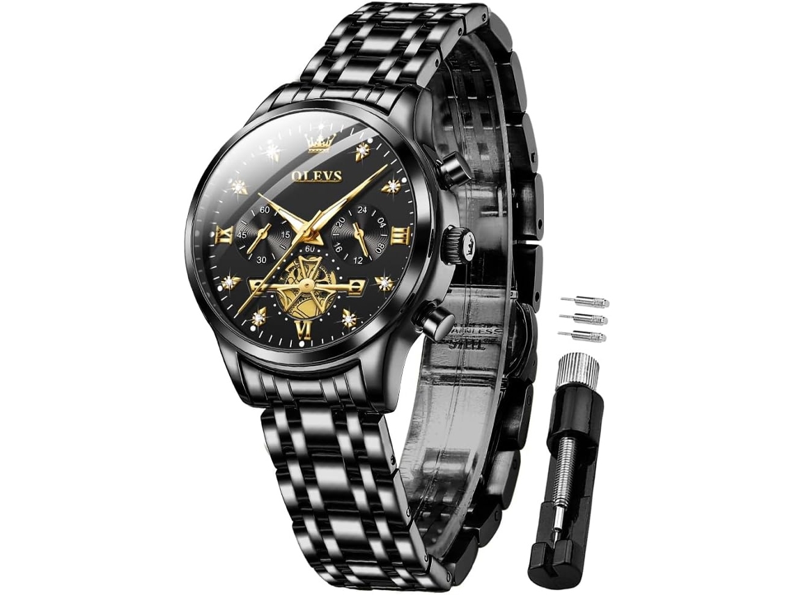 Lurelia Relógio Digital Feminino, Movimento De Quartzo, Cronómetro, Detalhes Com Strass, Aço Inoxidável, Resistente À Água, Rosa Ouro, Preto
