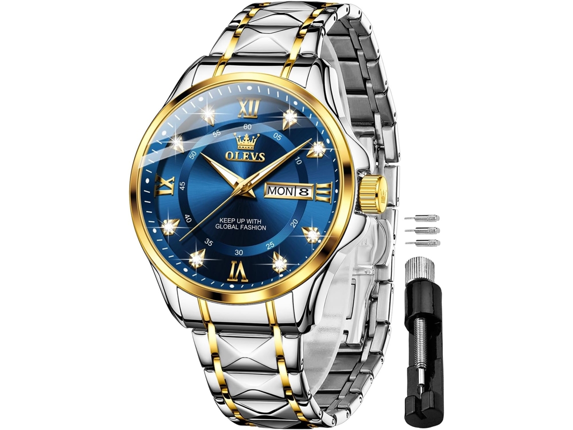 Lurelia Relógio Masculino, Movimento De Quartzo, Analógico, Data/calendário, Luminoso, Detalhes Com Strass, Aço Inoxidável, Azul