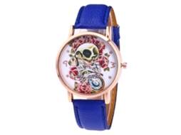 Relógio de casal Zhoulianfa F-436, estampa de caveira, pulseira de couro azul, movimento de quartzo.