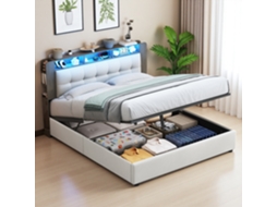 Cama Estofada 140x200cm Com Estrado De Ripas, Cama Box Hidráulica Com Armazenamento, Cabeceira Com Led, Cama Casal Bege