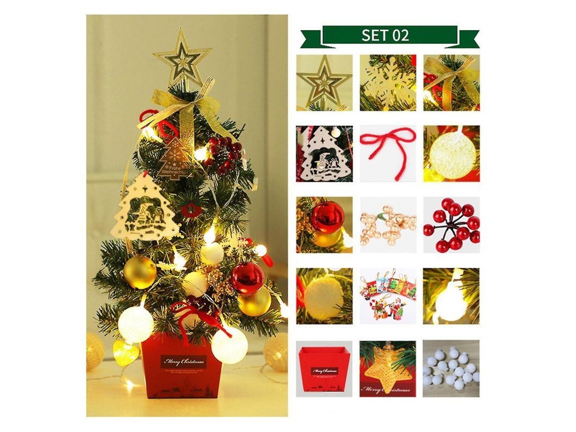 Árbol De Navidad De Escritorio Mini Con Luces 50cm Oro Rojo Material Pvc