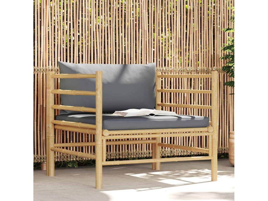 Vidaxl Sofá Para Jardim Com Almofadões Cinzento-escuro Bambu