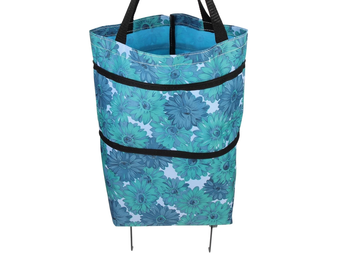 Sacola De Compras Dobrável E Portátil Com Rodas Escondidas, Design Em Plástico Azul.