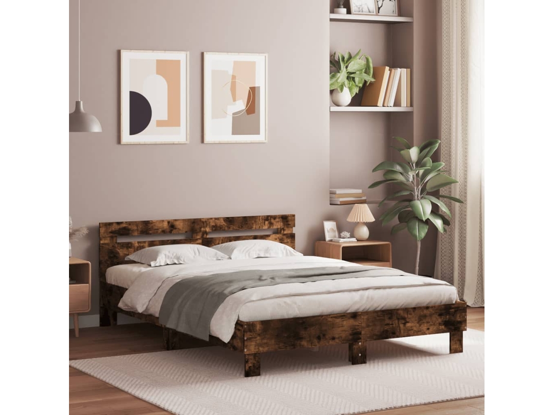 Vidaxl Estrutura Cama C/ Cabeceira/luzes Led 140x190cm Carvalho Fumado