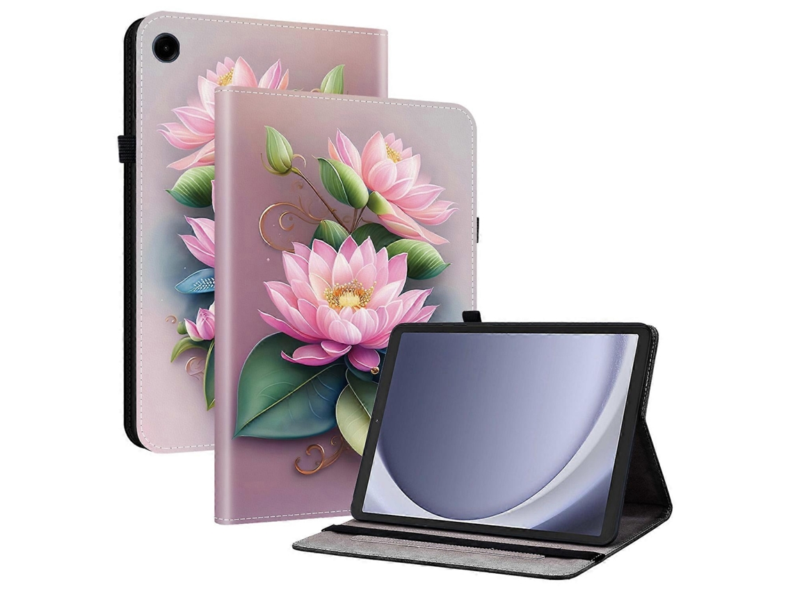 Capa de couro com padrão de lótus para Samsung Galaxy Tab A9 E com compartimentos para cartões Hengrongshen