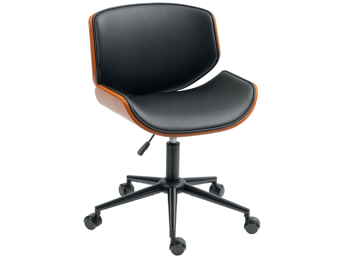 Cadeira De Escritório Sem Braços De Secretária Vintage Giratória Estofada Em Pu Altura Ajustável 52x54x74-84 Cm Preto E Madeira