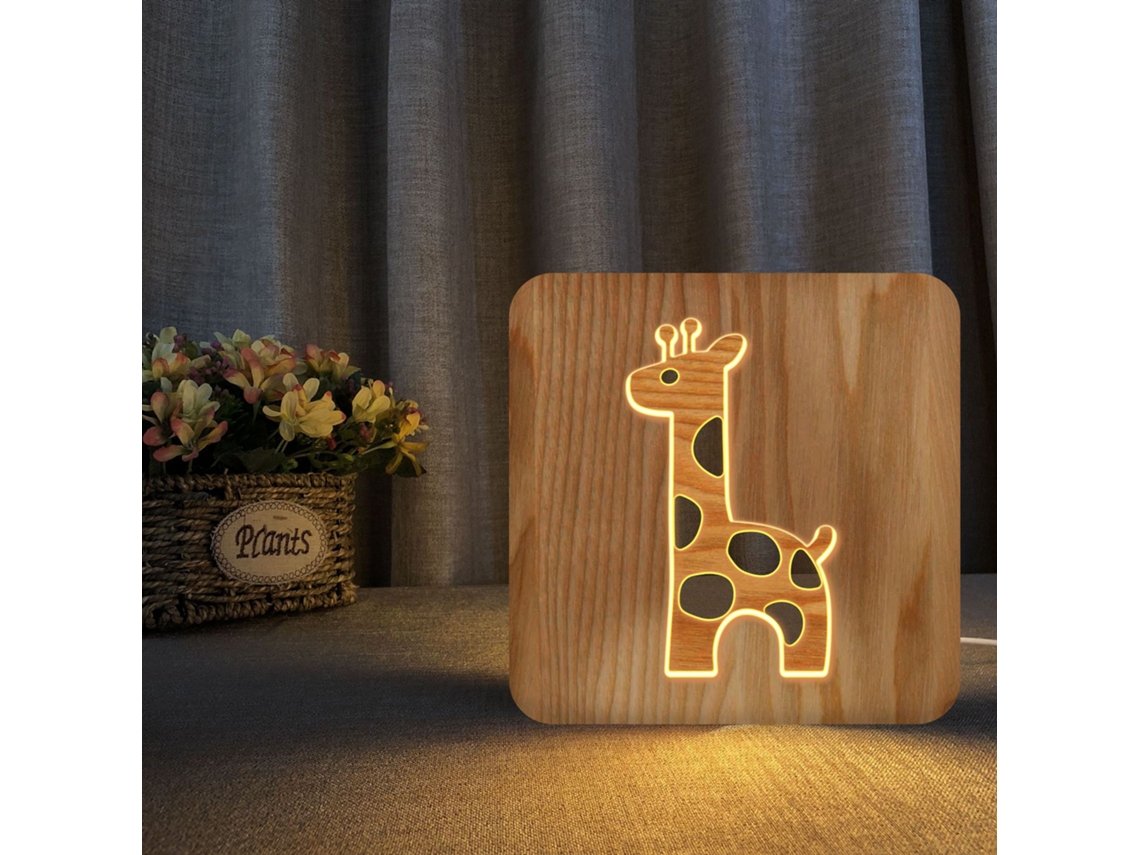 Luminria De Mesa Decorativa Para Quarto Ou Sala De Estar Com Estampa De Girafa Em Madeira. Aquaforge