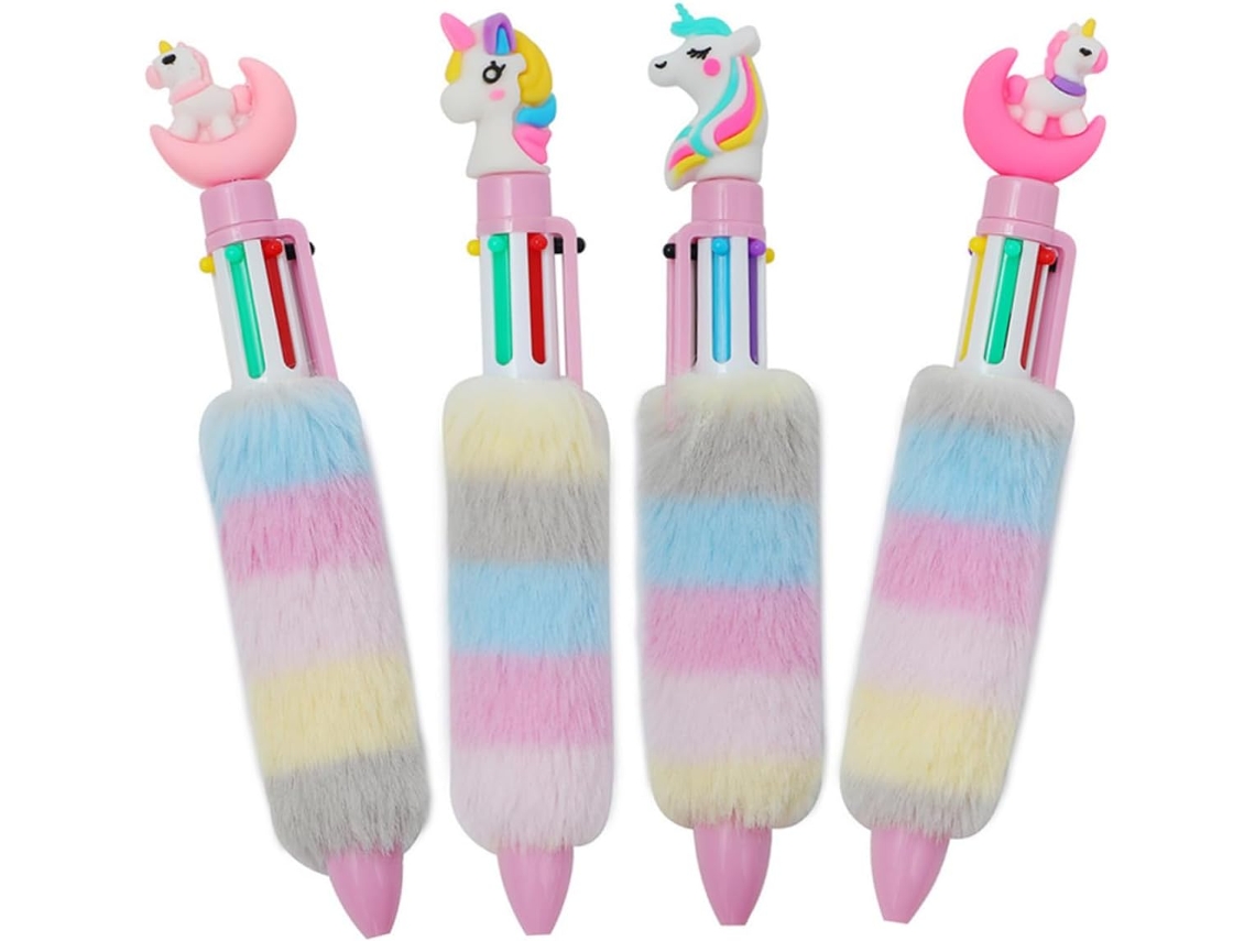 Conjunto De 4 Canetas Esferográficas De Unicórnio De Pelúcia E