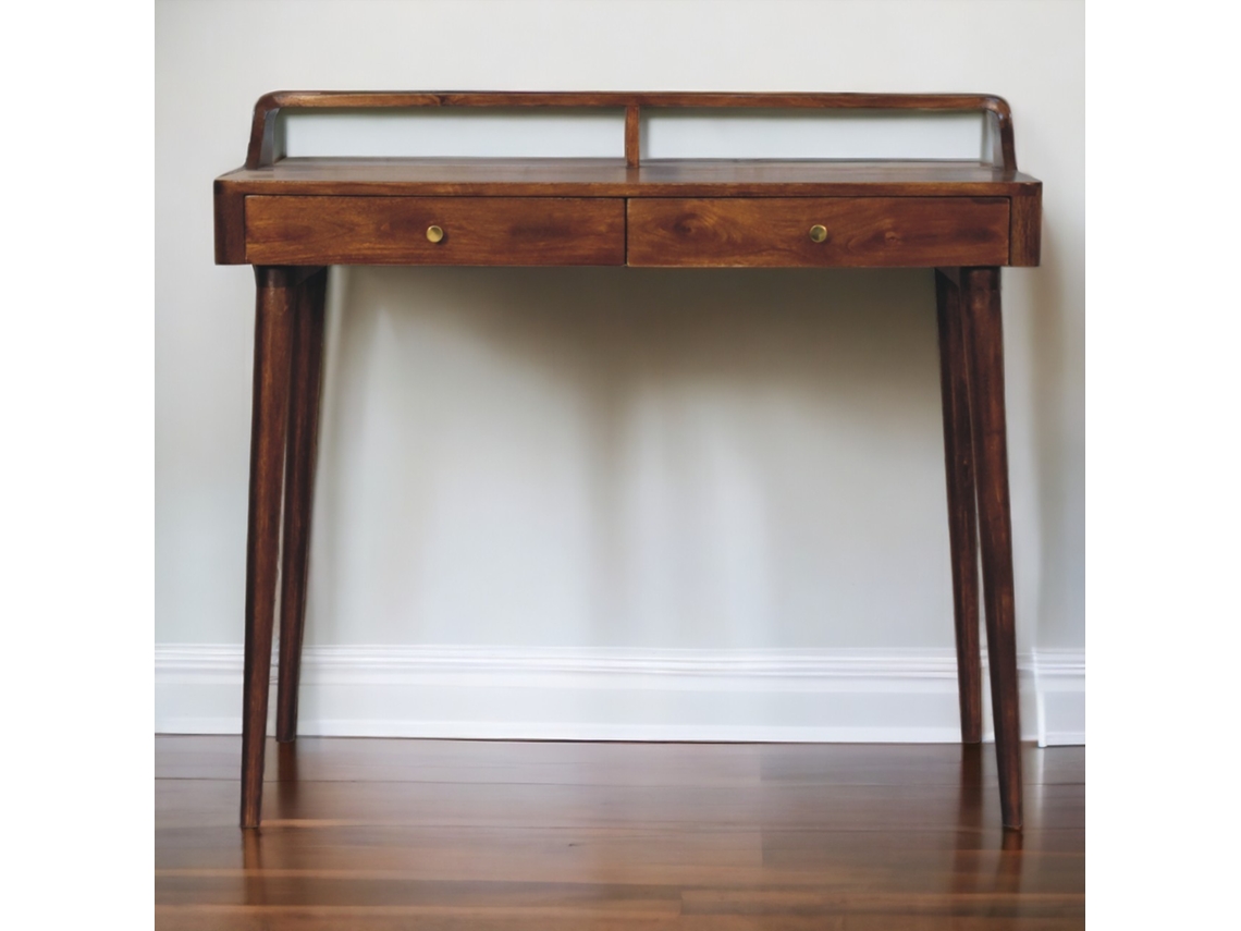 Mesa Cônica De Castanho Maciço, 2 Gavetas, Marrom Escuro Elevado