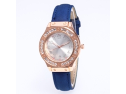 Relógio feminino de quartzo com pulseira de couro sintético e diamantes, mostrador redondo azul royal.