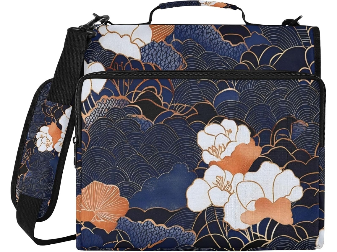 Pasta Retrô Estilo Japonês com 3 Argolas, 3,8 Cm de Largura, Bolsos Extras e Alça Ombro. Ideal para Organizar