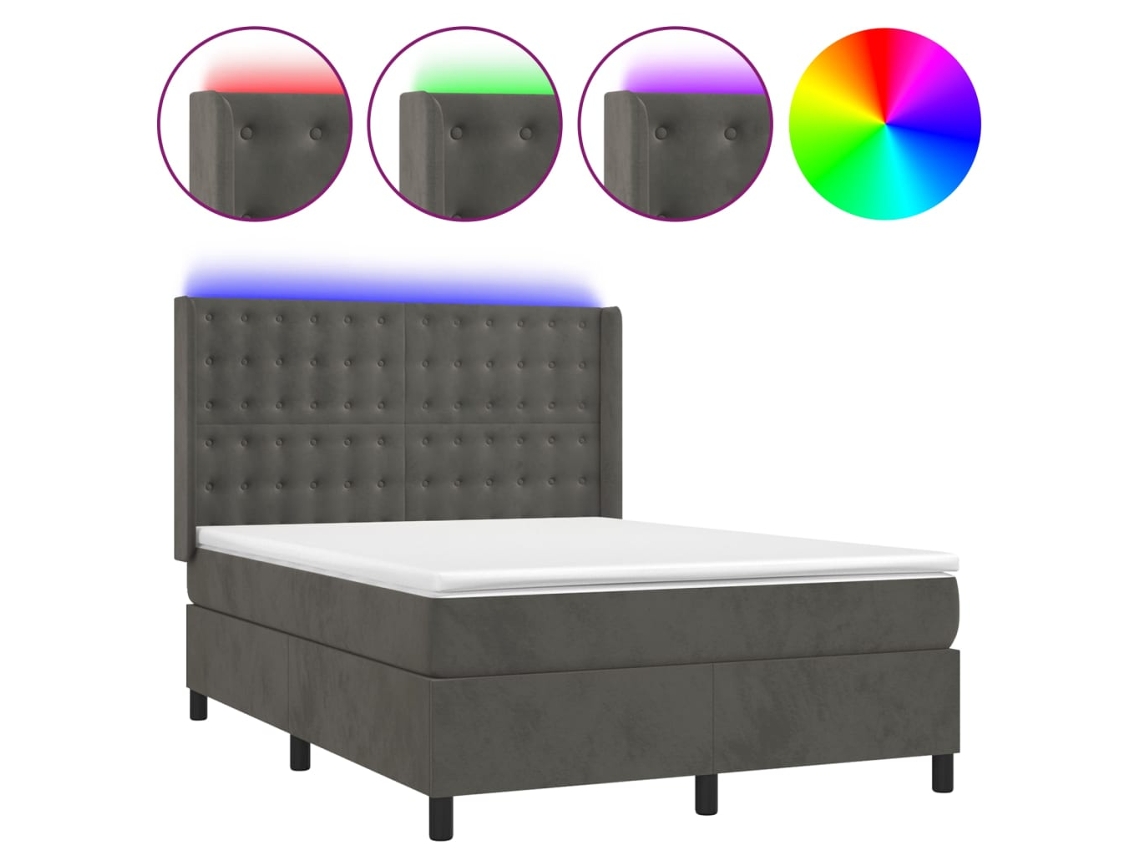 Cama Box Spring com Colchão LED Veludo Cinzento Escuro MAISON EXCLUSIVE (140x200 cm)
