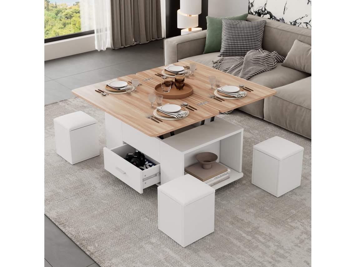 Mesa Centro Elevatória 4 Em 1 Com Gavetas 4 Bancos Madeira Natural