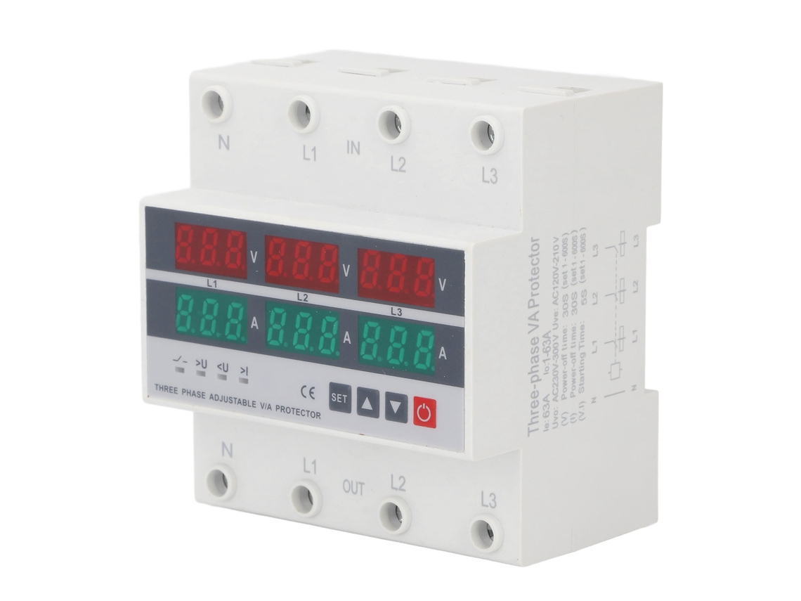 Protector De Sobrecarga E Bajo Voltaje Trifásico Automático Din Rail 63a Ac120-300v