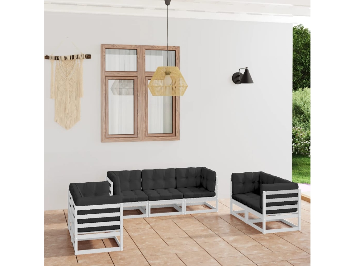 Vidaxl 7 Pcs Conjunto Lounge De Jardim C/ Almofadões Pinho Maciço