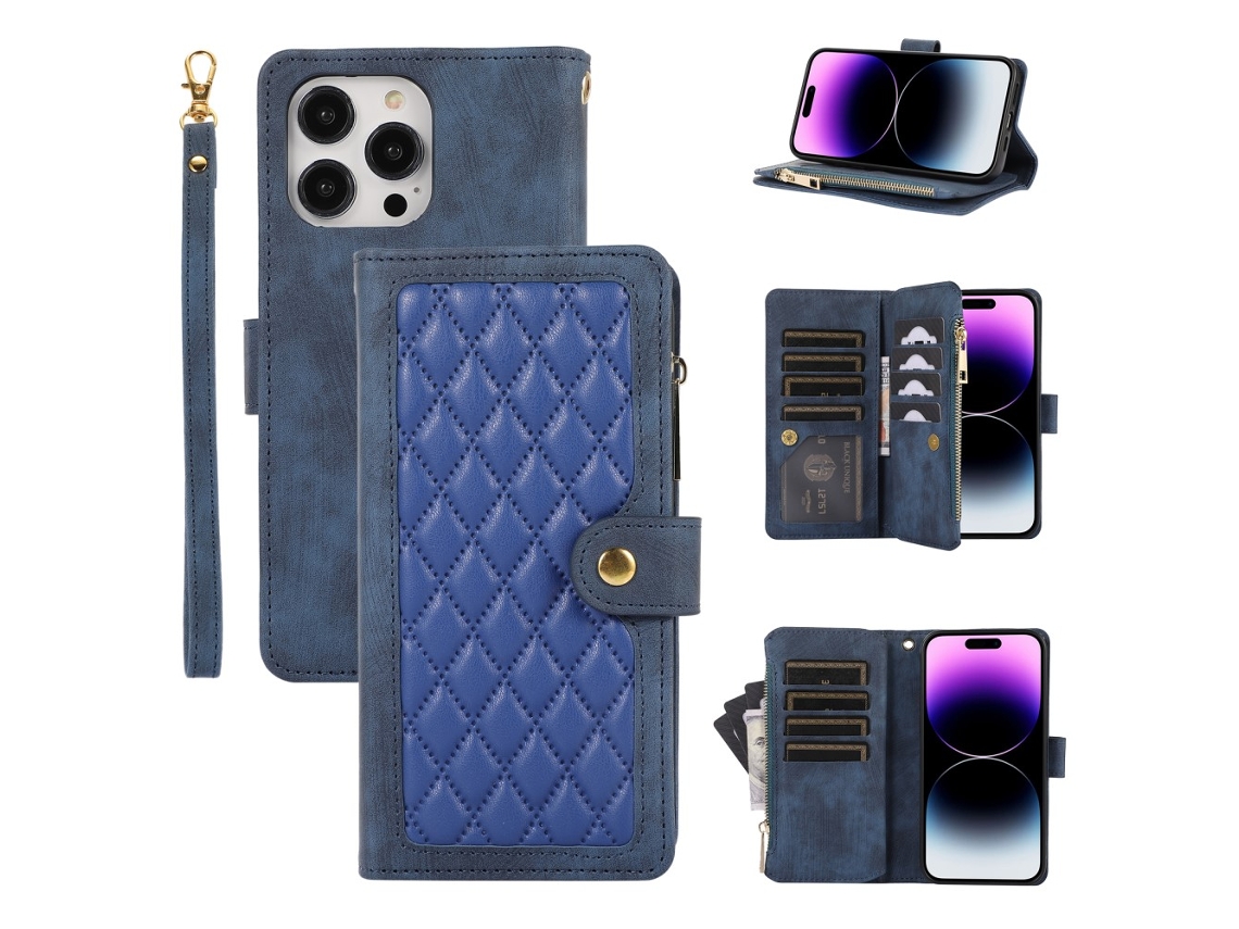 Capa Para Iphone 15 Pro Pele Sintética Com Porta-cartões Azul
