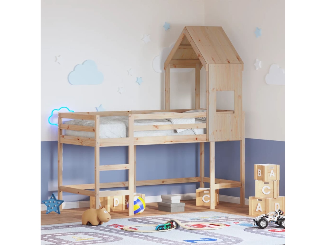 Cama Alta C/ Escada E Telhado 90x190 Cm Pinho Maciço