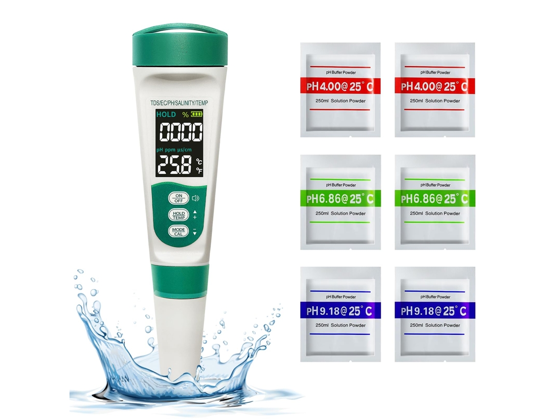 Testador De Qualidade De Água 5 Em 1 Com Ph/tds/ec/salinidade/temperatura, Visor Retroiluminado, Recarregável Zeuxo