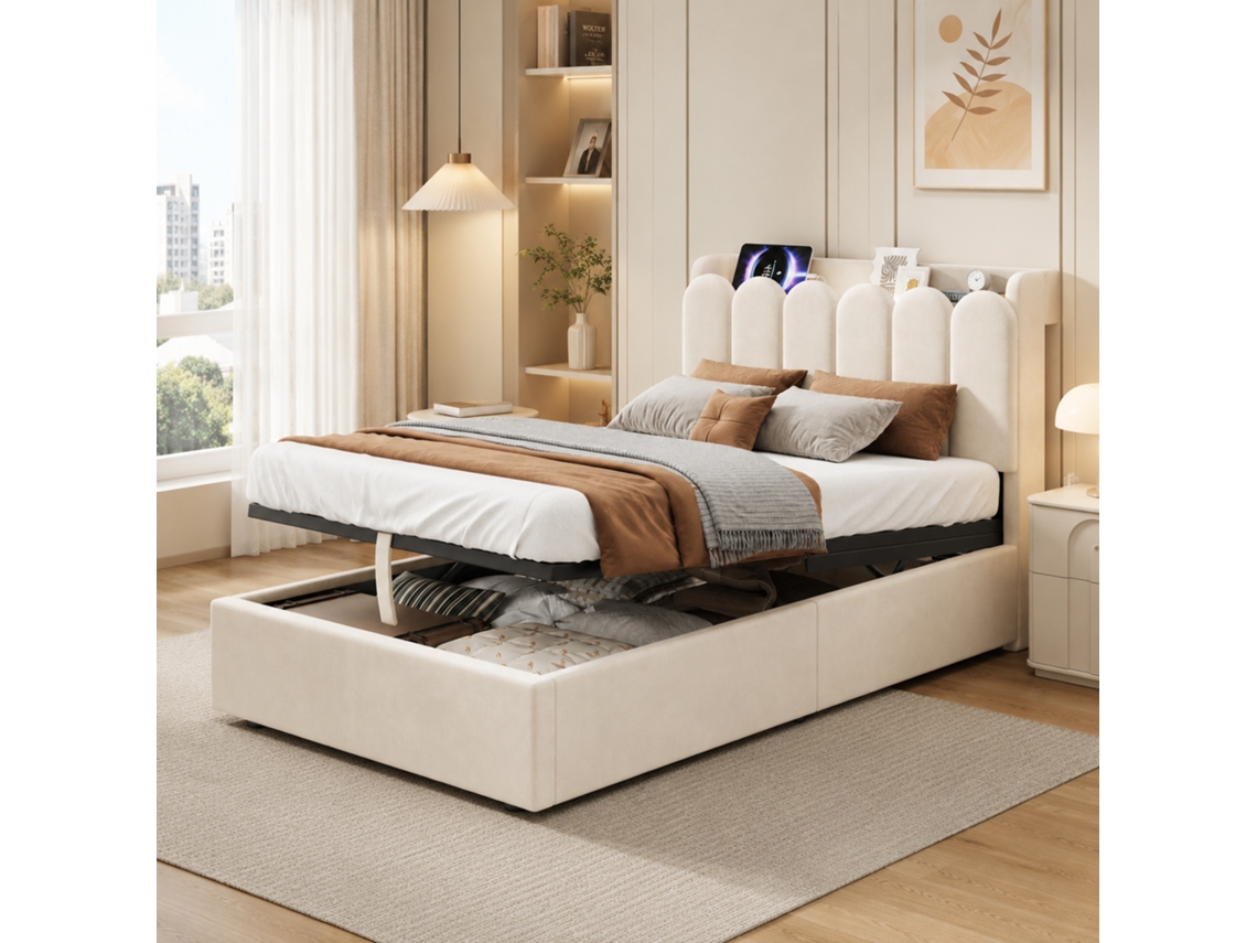 Cama Estofada Veludo Bege 90x200 Cm