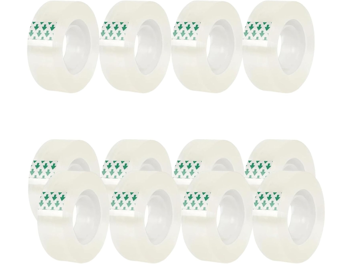12 rolos de fita adesiva transparente para dispensadores, fáceis de destacar com a mão, ideais para embalar materiais.