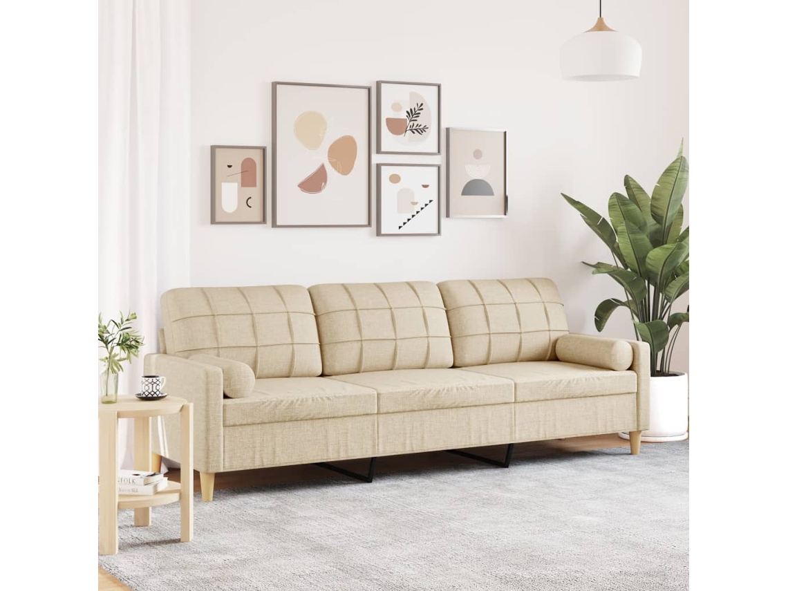Vidaxl Sofá 3 Lugares Com Almofadas Decorativas 210 Cm Tecido Creme