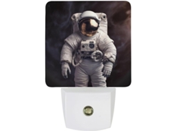 Luminária de parede com plugue, formato de astronauta, sensor crepuscular, luz LED branca, eficiente em garrafas térmicas.