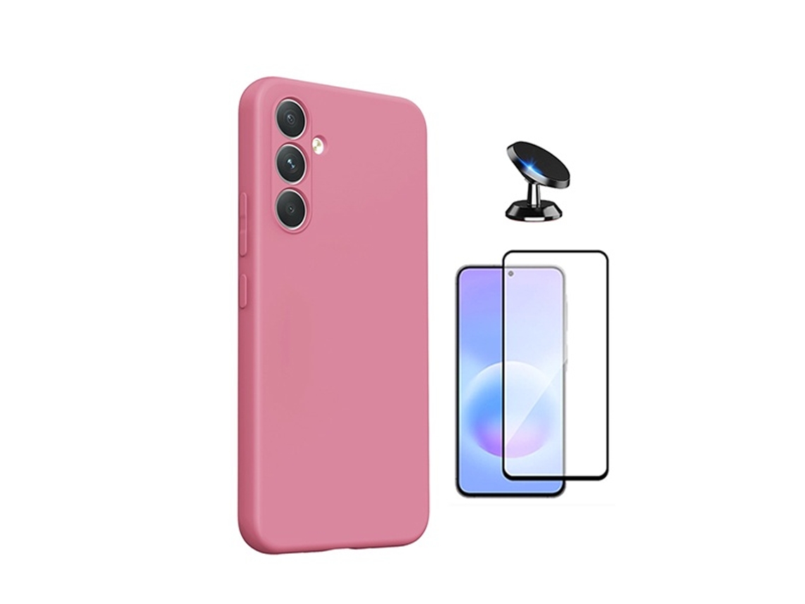 Kit Vidro Temperado Capa Silicone Líquido Suporte Magnético Phonecare Para Samsung Galaxy A27 - Rosa