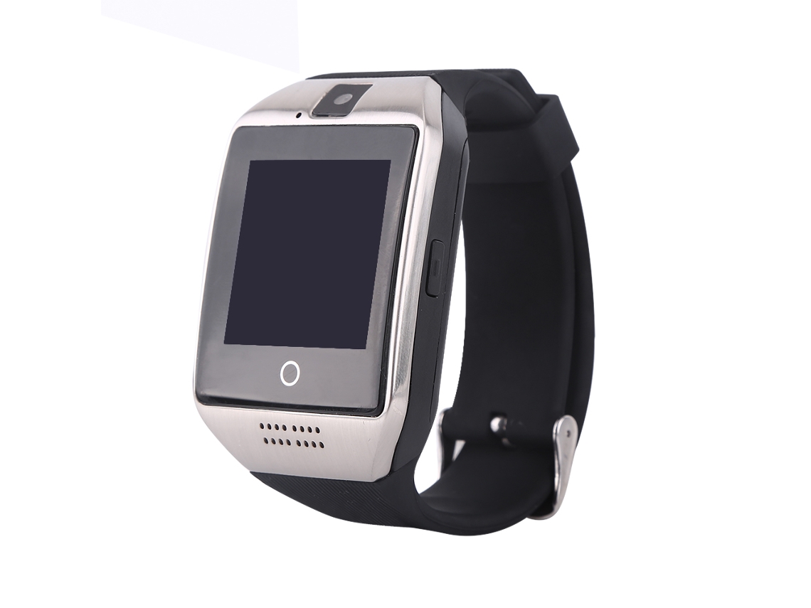 Relógio Inteligente Q18 com painel prata e pulseira preta, Bluetooth e passo contador