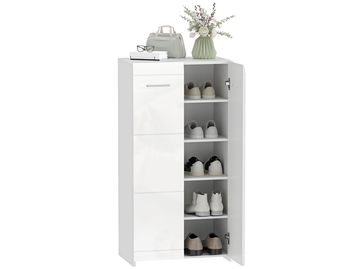 Armário Para Sapatos Com Acabamento Brilhante, Prateleiras Ajustáveis Para Hall De Entrada, Espaço Para 10 Pares, Branco, Com Acabamento De Alta