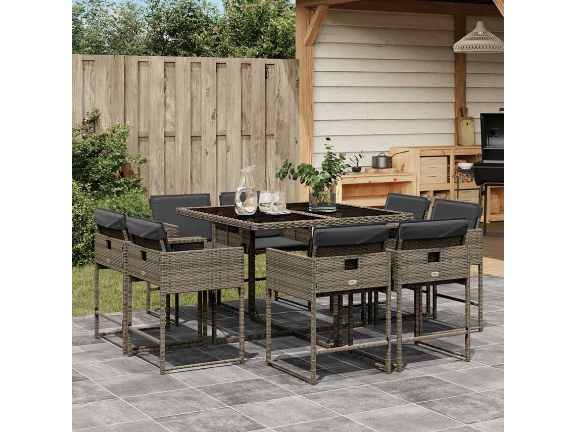 Vidaxl 9 Pcs Conjunto de Jantar P/ Jardim C/ Almofadões Vime Pe Cinza