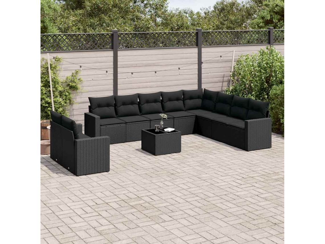 Vidaxl 11 Pcs Conjunto Sofás De Jardim C/ Almofadões Vime Pe Preto