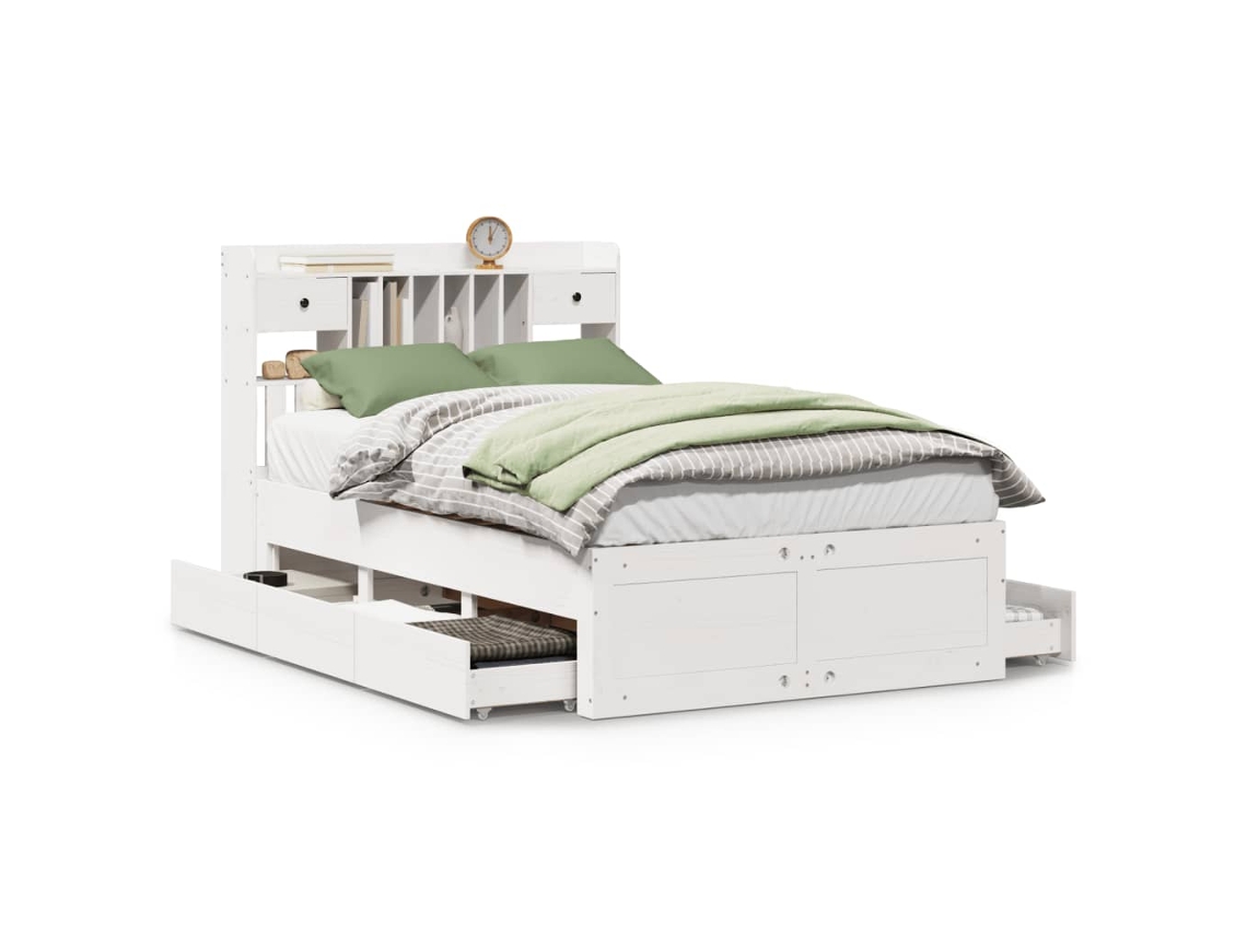Cama com Estante Pinho Maciço Branco MAISON EXCLUSIVE (135x190 cm)