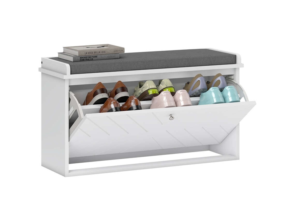 Móvel Sapateiro BTFORUS com banco, prateleiras ajustáveis e almofada, para 8 pares 80x26x48cm branco