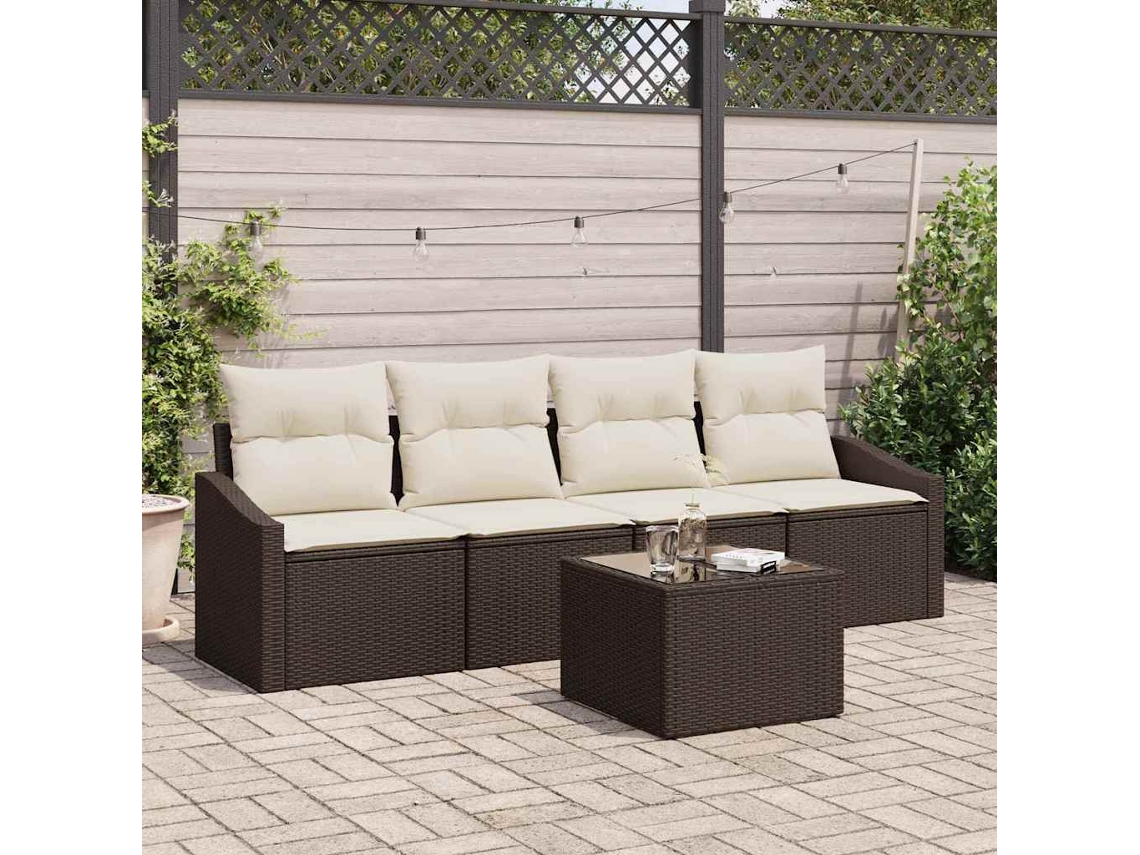 Vidaxl Conjunto De Sofás Com Almofada 5 Pcs Marrom E Creme Vime Pe