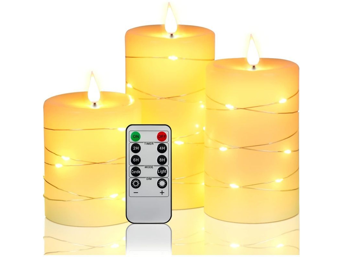 Luzes De Vela Led Embutidas, 3 Com Controle Remoto, Função De Temporizador 24h E Chama Dançante