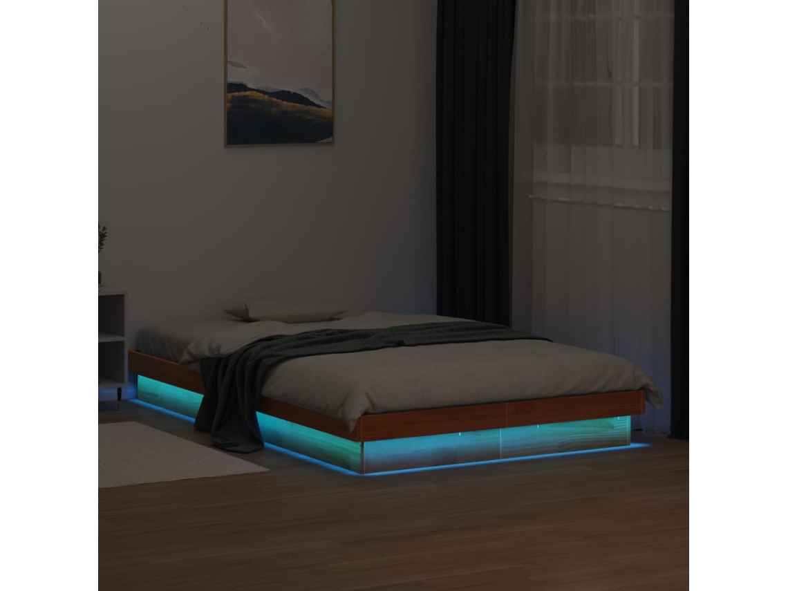 Estrutura De Cama C/ Leds 135x190 Cm Pinho Maciço Castanho Mel