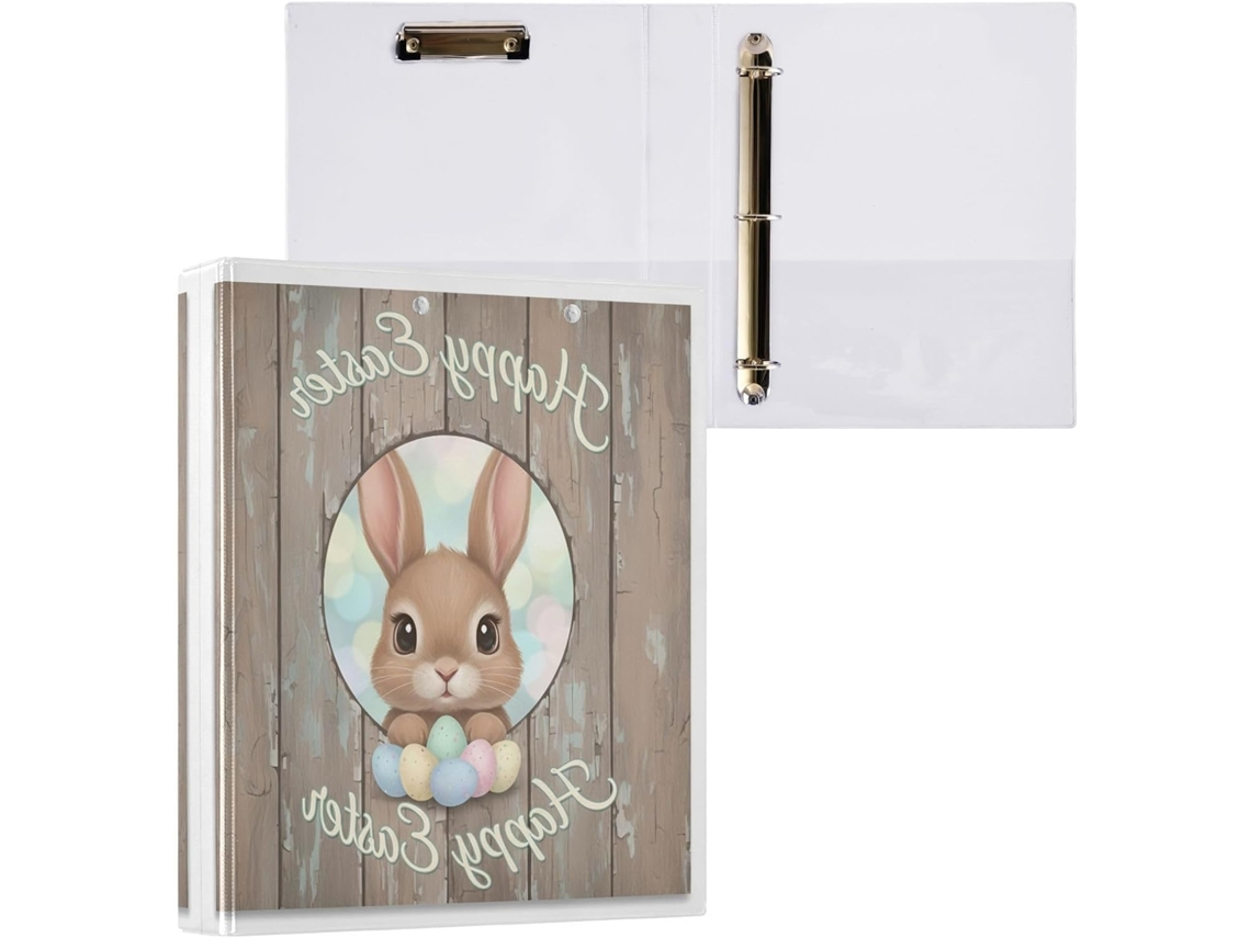 Pasta de 3 Argolas para Papel Tamanho Carta , Coelhinho da Páscoa Redondo e Fofo com Porta pra (27,9 X 21,6 Cm)