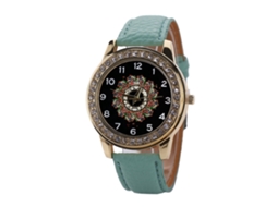 Relógio de Pulso Feminino de Moda com Pulseira de Couro Pu Strass Azul Céu