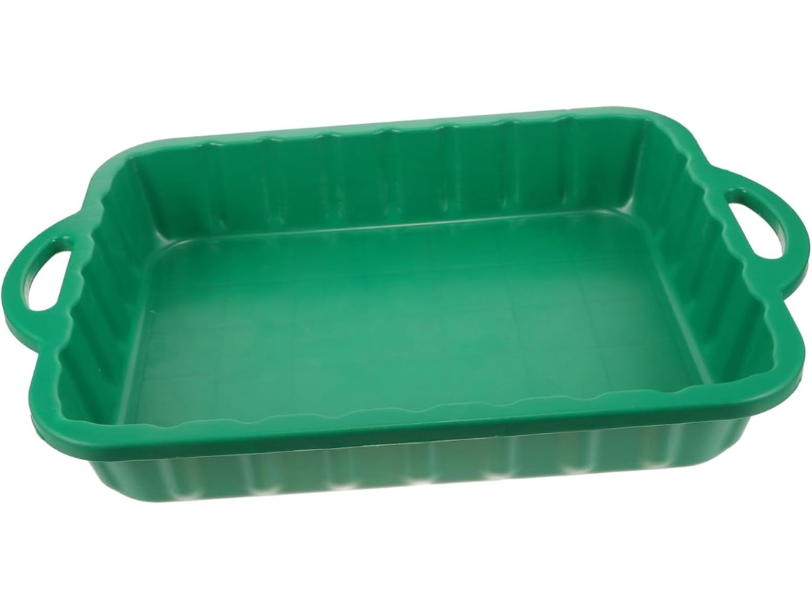 Bandeja coletora de óleo em plástico verde para reparos automotivos.