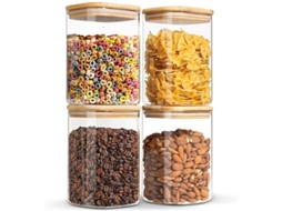 Conjunto De 4 Potes De Conservação Com Tampas De Bambu E Tampas De Vidro Herméticas - 1100 Ml