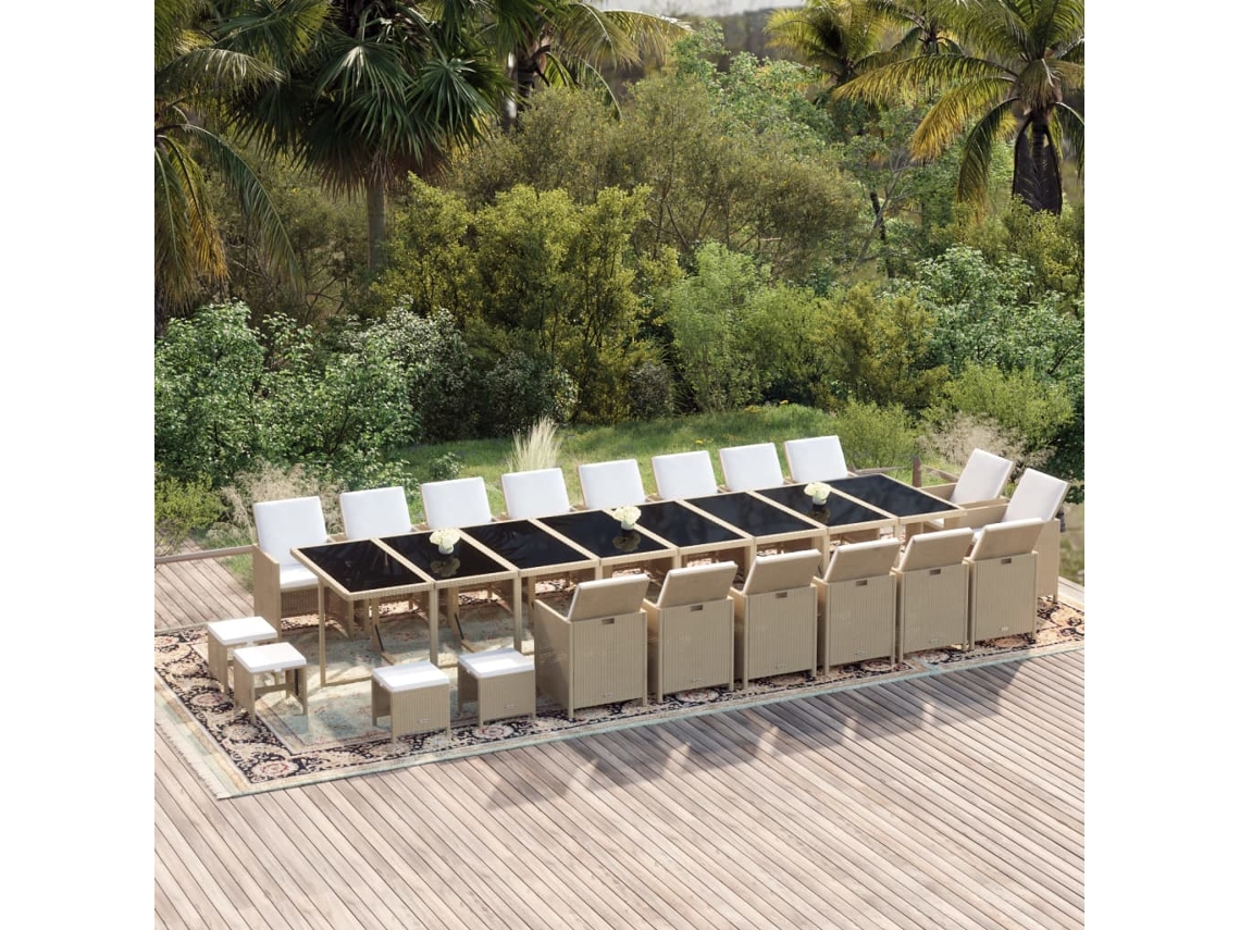 Vidaxl 21 Pcs Conjunto Jantar P/ Jardim C/ Almofadões Vime Pe Bege