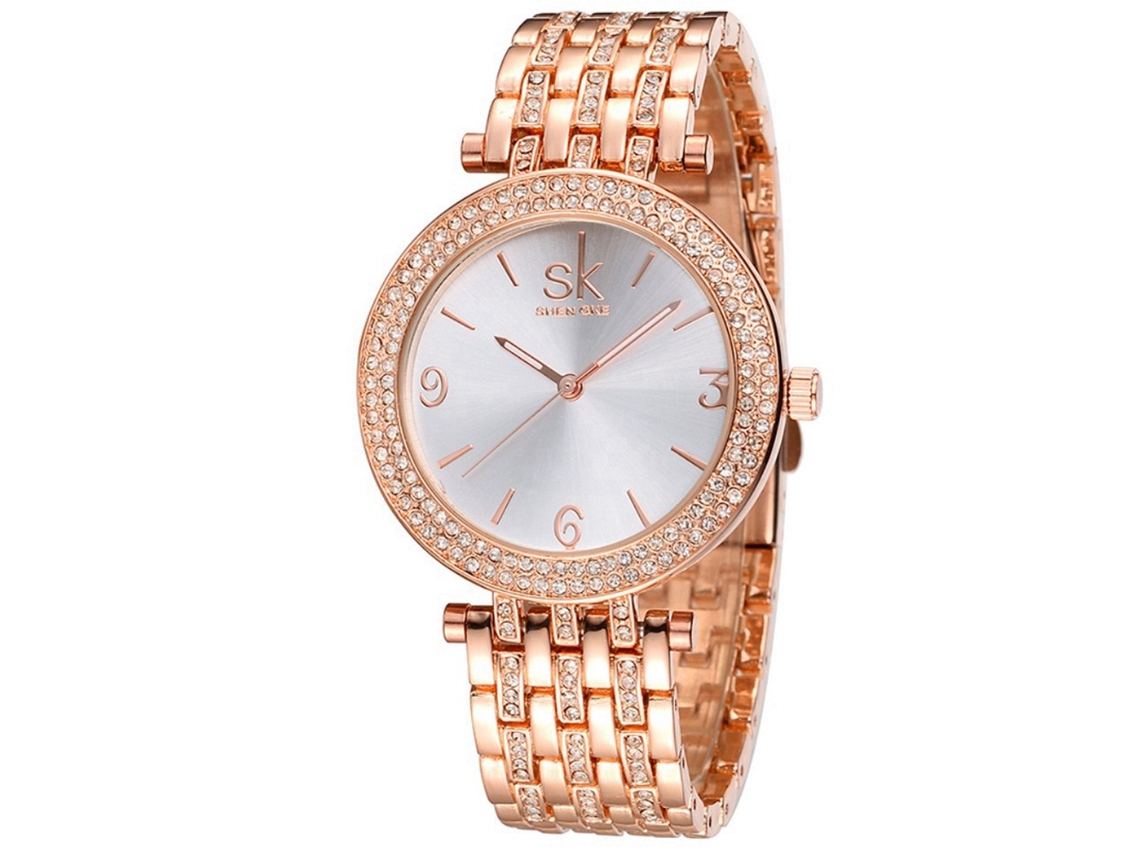 Relógio de Pulso Feminino Shengke com Strass Liga Quartzo Ouro Rosa
