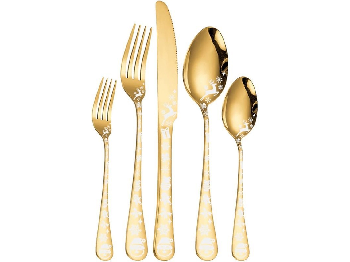 Conjunto de talheres de Natal em aço inox com padrões de nevoeiro e veado, ouro | S/MARCA